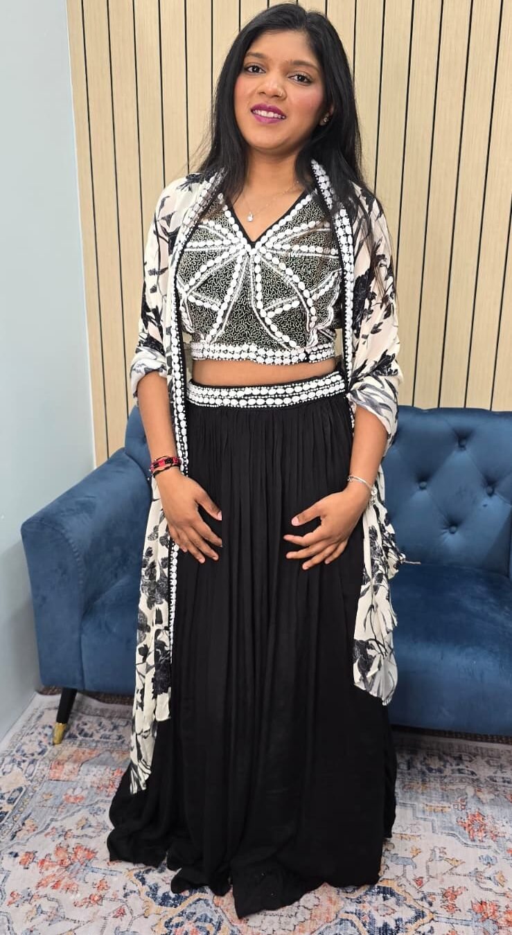 Black & White Pearl Work Lehenga with Cape