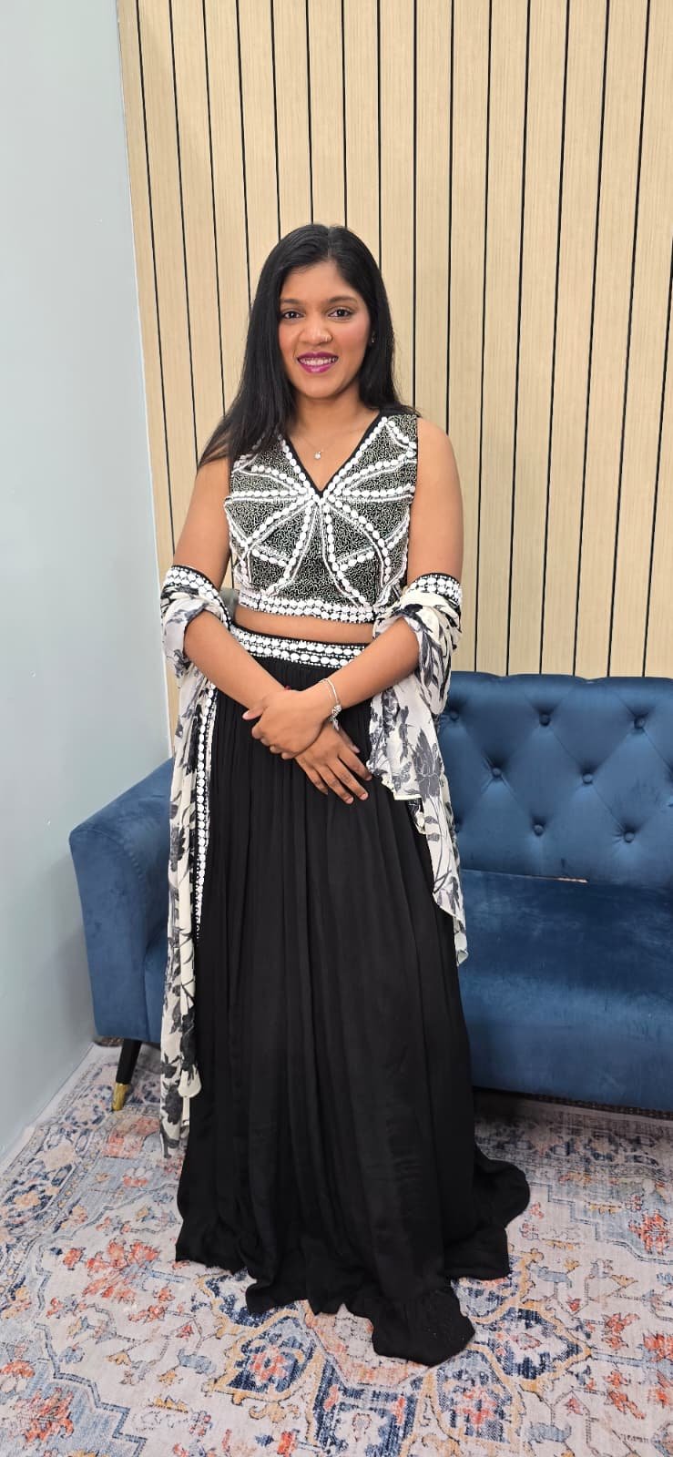 Black & White Pearl Work Lehenga with Cape - Image 3