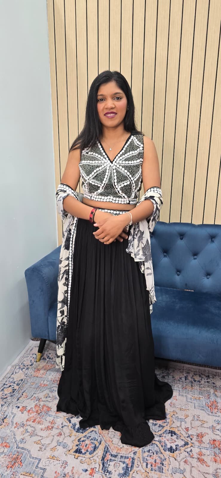 Black & White Pearl Work Lehenga with Cape - Image 4