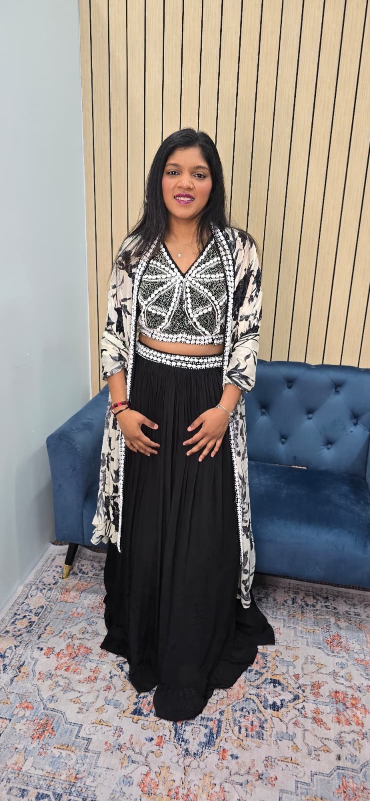 Black & White Pearl Work Lehenga with Cape - Image 5