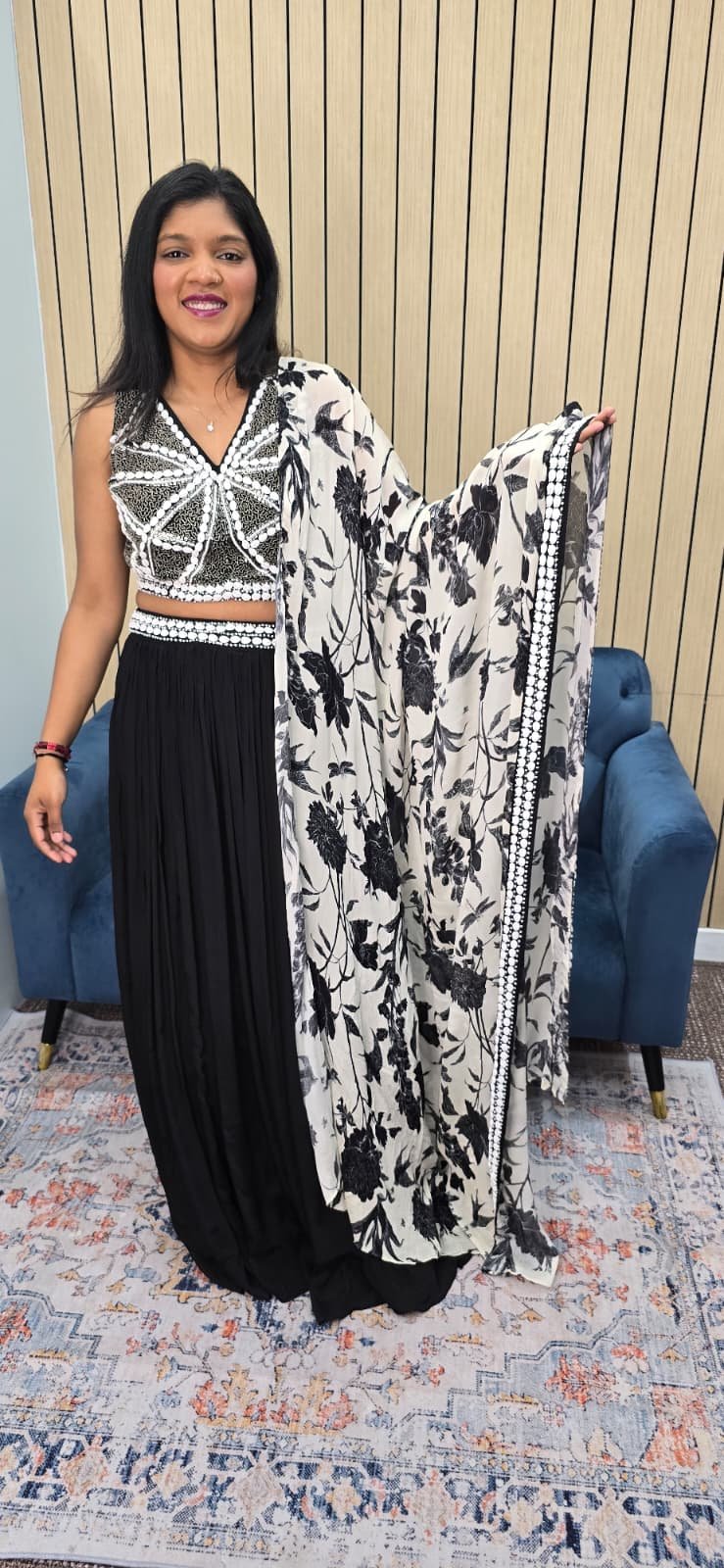 Black & White Pearl Work Lehenga with Cape - Image 6