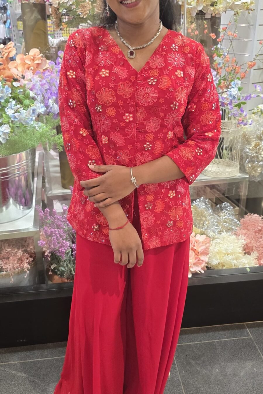 Red Indowestern With Jacket Style