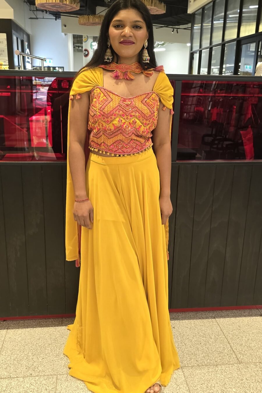 Yellow & Pink Indowestern Sharara Crop Top Set