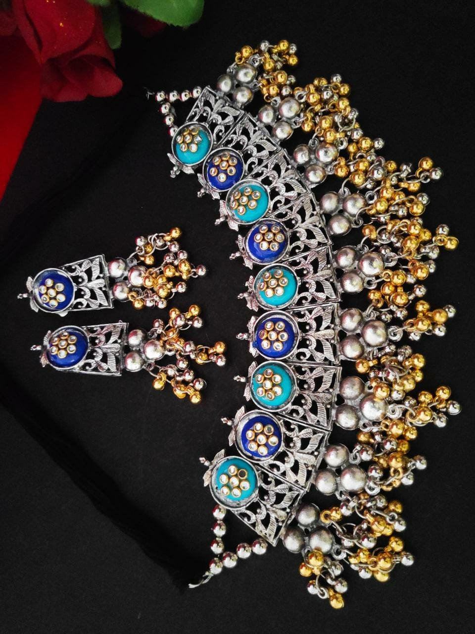 Blue Oxidised Heavy Choker Necklace