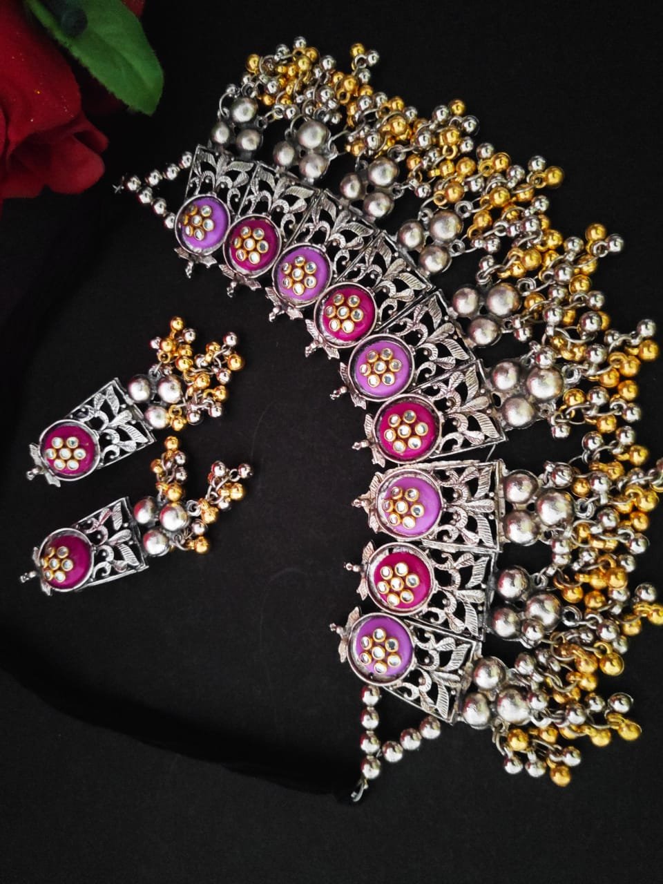 Purple Pink Oxidised Heavy Choker Necklace