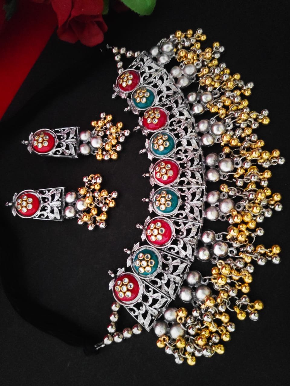 Red Green Oxidised Heavy Choker Necklace