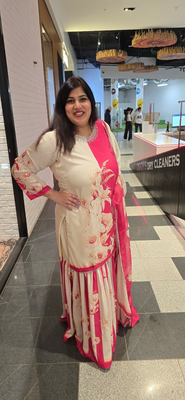 Hot Pink & Off White/Cream Pure Crepe Sharara Suit - Image 2