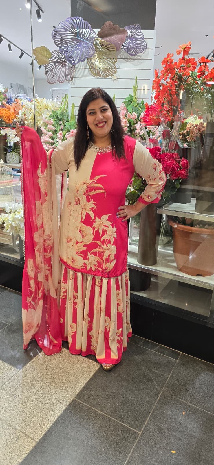 Hot Pink & Off White/Cream Pure Crepe Sharara Suit - Image 7