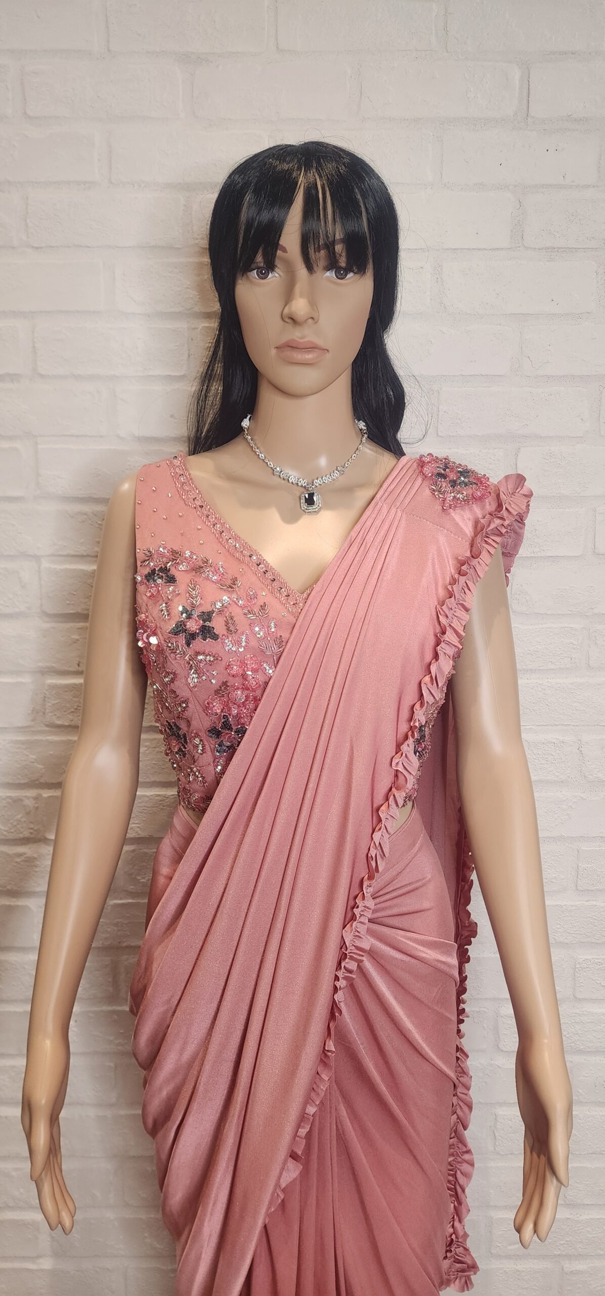 Pink Pre-Stitched Saree with Heavy Work Blouse Pink Pre-Stitched Saree with Heavy Work Blouse