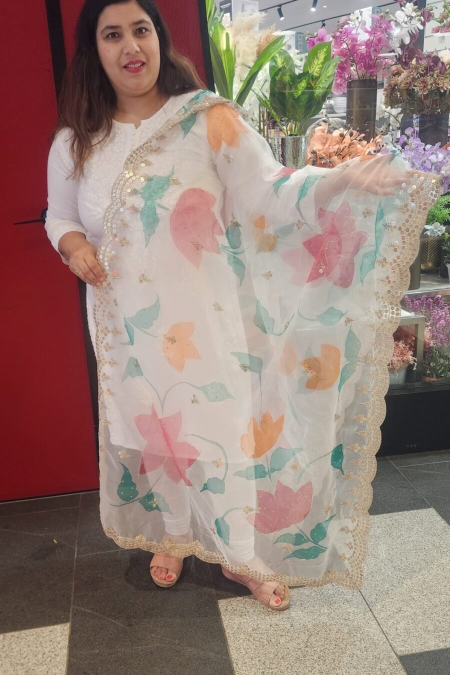 Flower Printed Dupatta with Zari Work Border