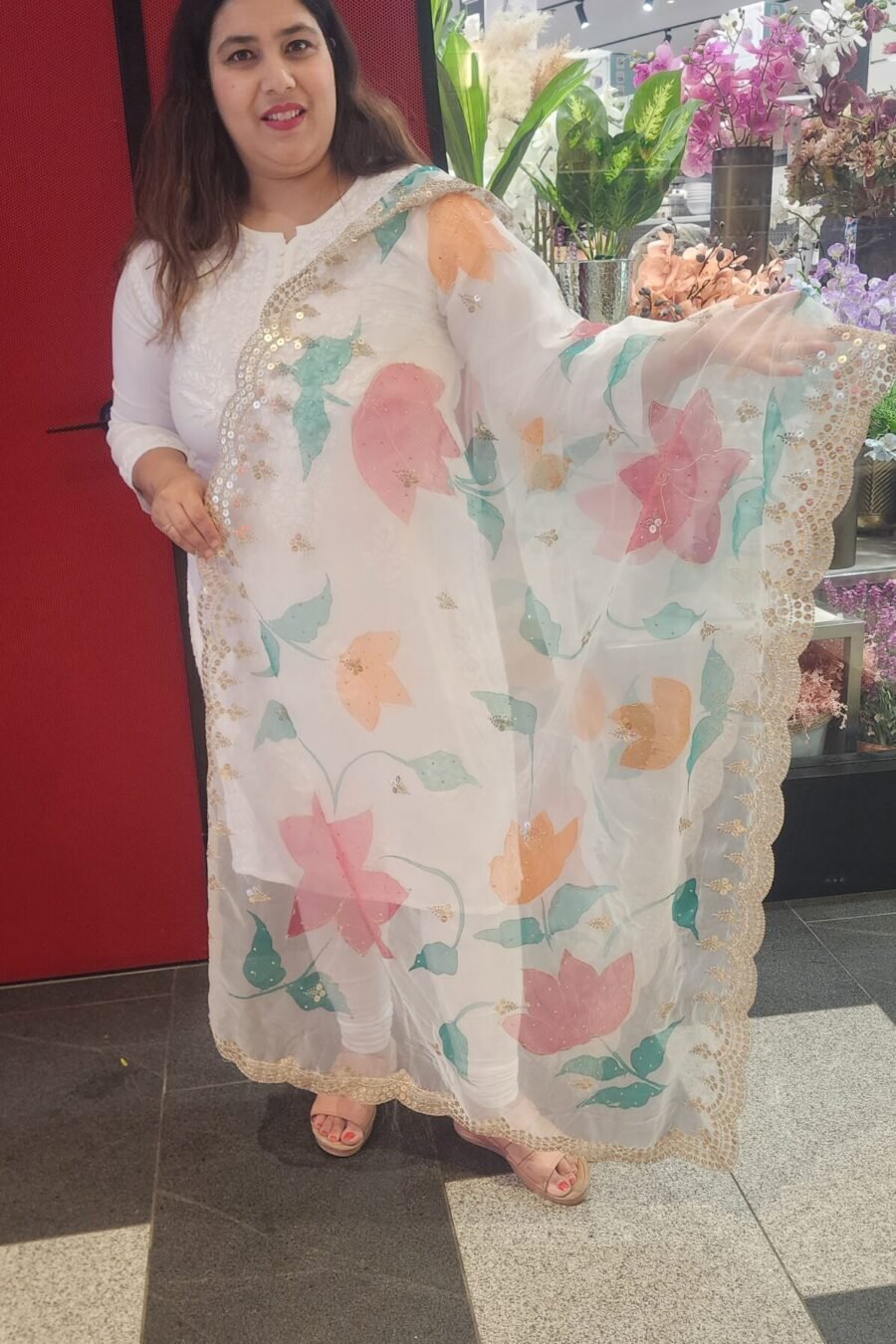 Flower Printed Dupatta with Zari Work Border