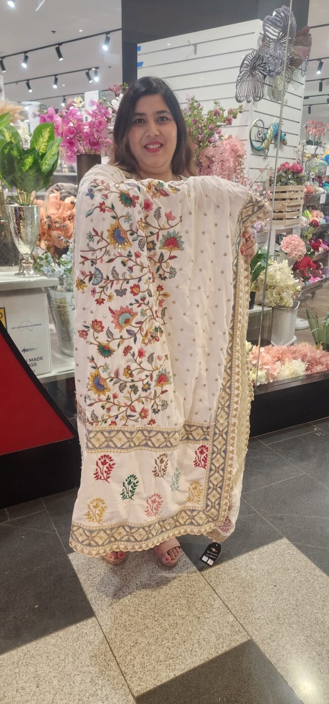 White Heavy Embroidery Work Velvet Dupatta
