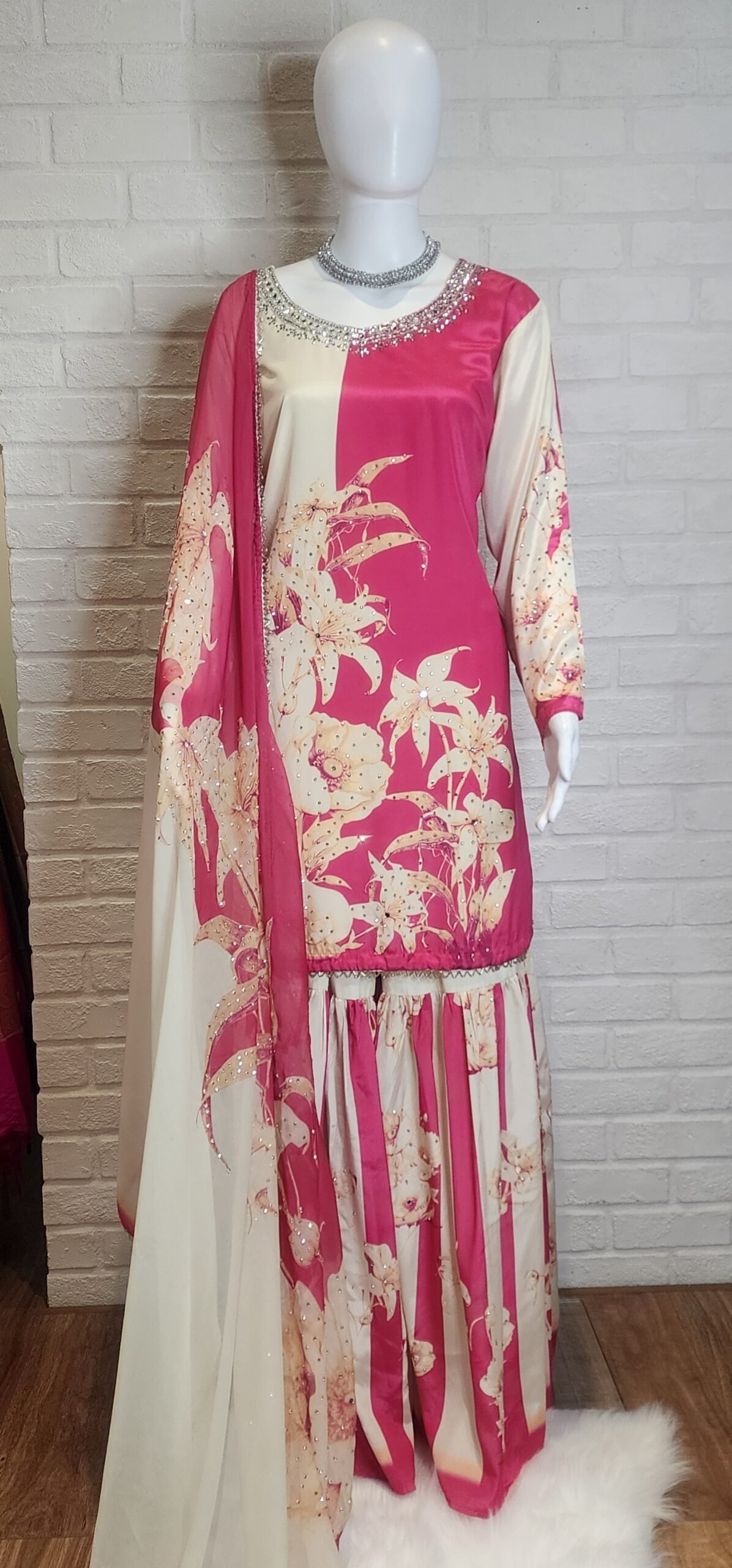 Hot Pink & Off White Pure Crepe Sharara Suit Hot Pink & Off White Pure Crepe Sharara Suit