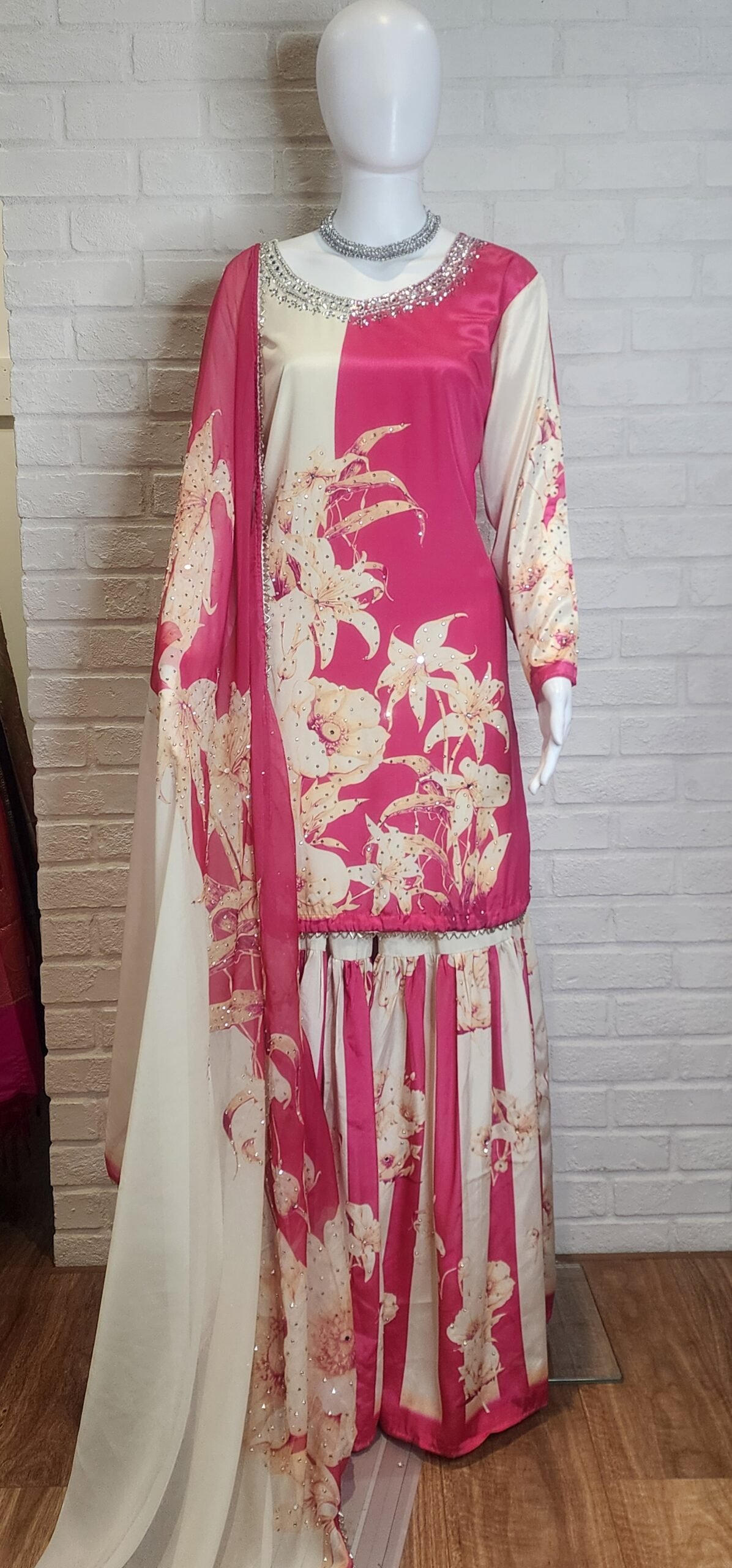 Hot Pink & Off White Pure Crepe Sharara Suit Hot Pink & Off White Pure Crepe Sharara Suit