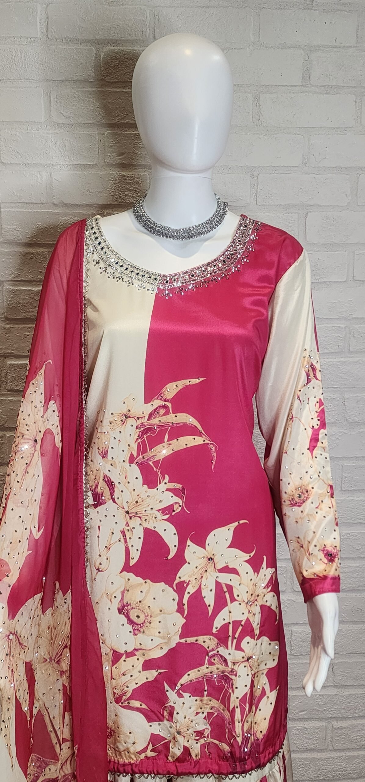 Hot Pink & Off White Pure Crepe Sharara Suit Hot Pink & Off White Pure Crepe Sharara Suit