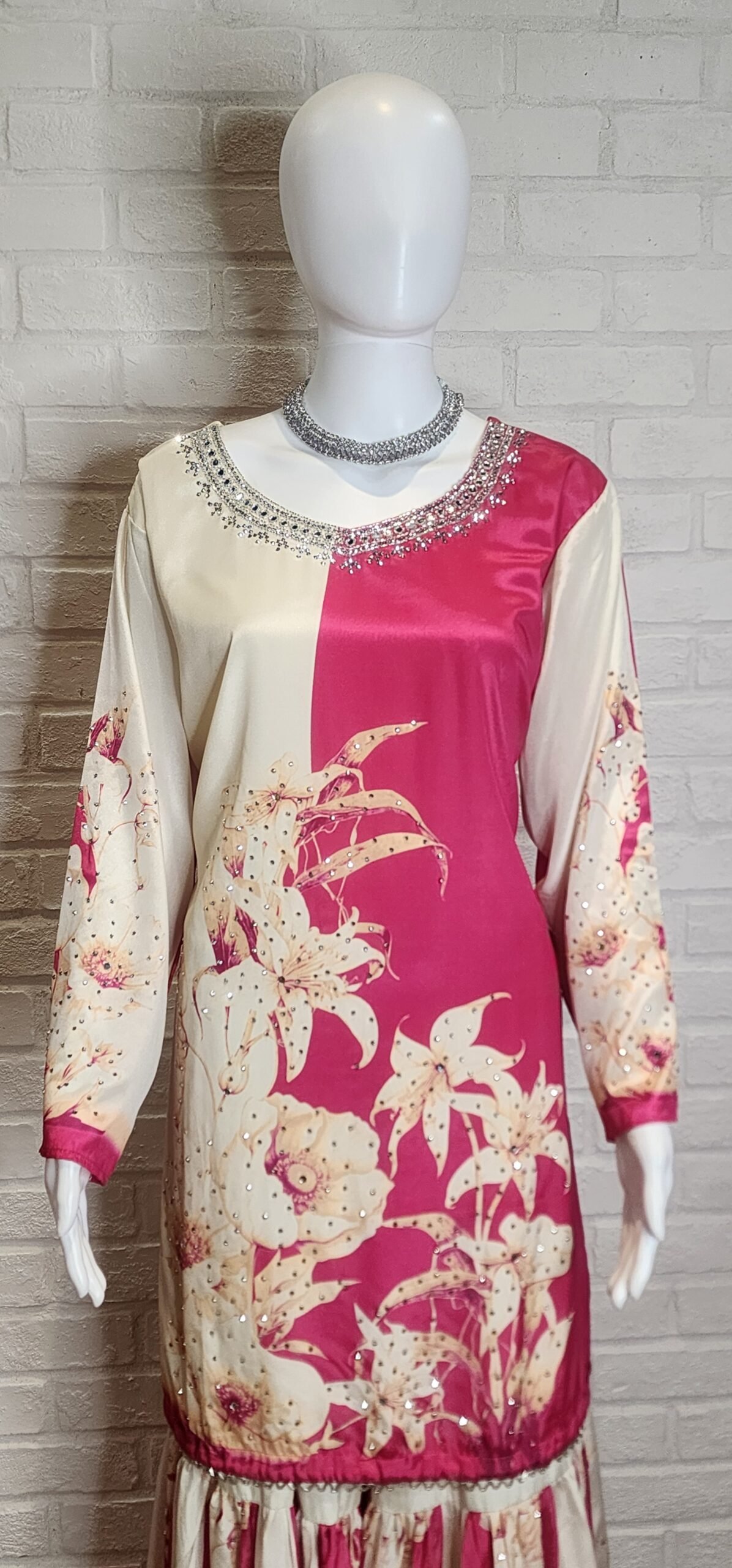Hot Pink & Off White Pure Crepe Sharara Suit Hot Pink & Off White Pure Crepe Sharara Suit