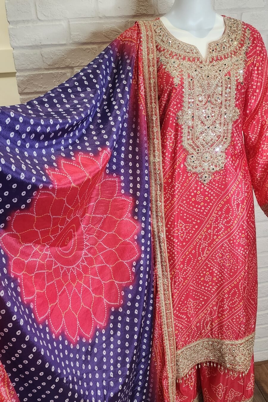 Purple Pink Bandhini Chinnon Sharara Suit