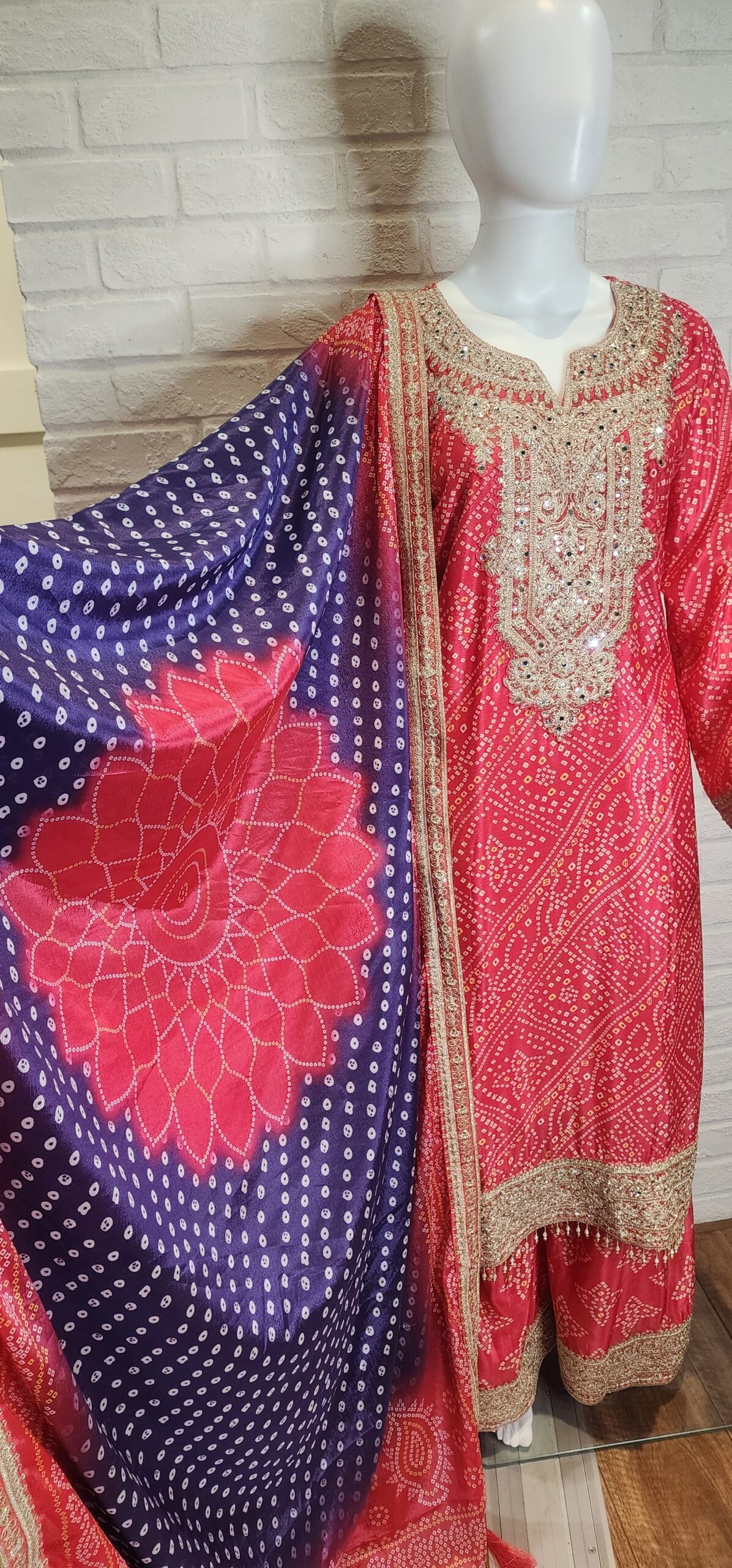 Purple Pink Bandhini Chinnon Sharara Suit