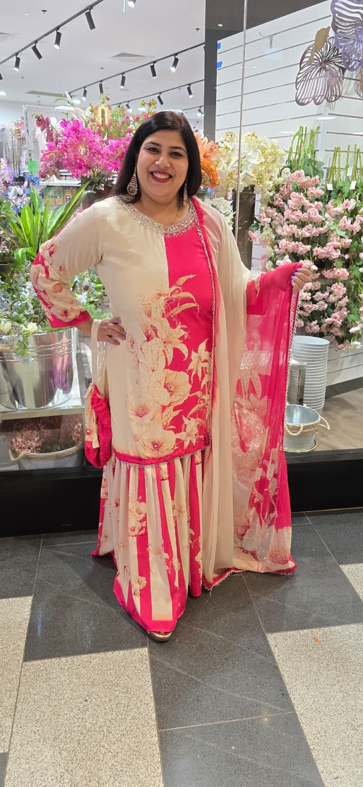 Hot Pink & Off White/Cream Pure Crepe Sharara Suit - Image 6