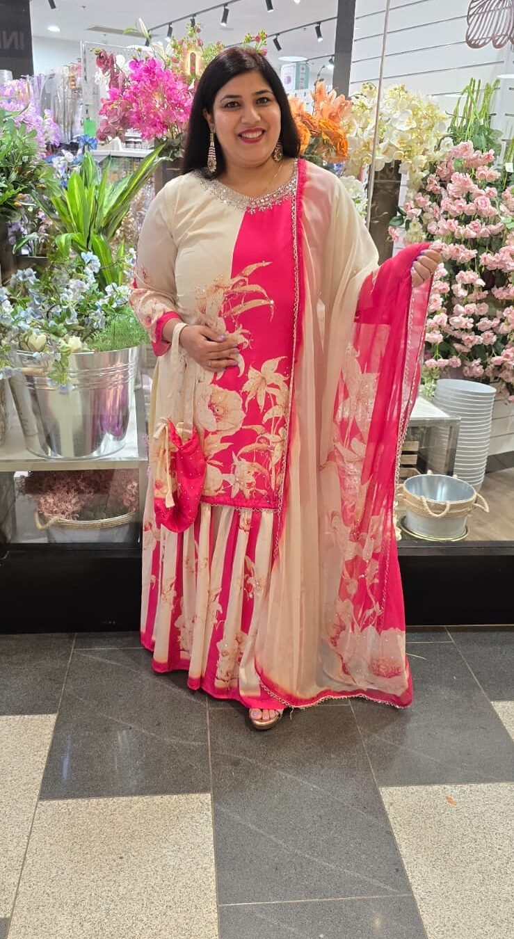 Hot Pink & Off White/Cream Pure Crepe Sharara Suit