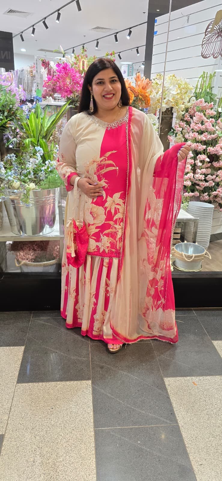 Hot Pink & Off White/Cream Pure Crepe Sharara Suit