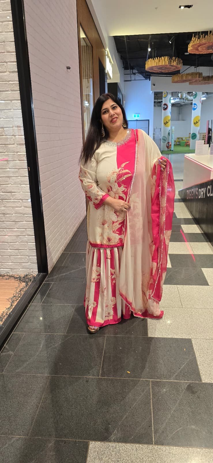 Hot Pink & Off White/Cream Pure Crepe Sharara Suit - Image 3