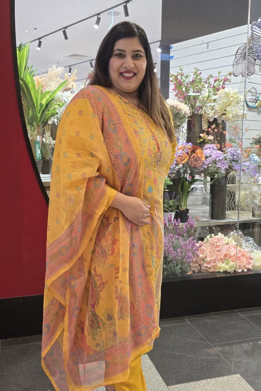 Yellow Printed Pure Chiffon Suit with Organza Dupatta