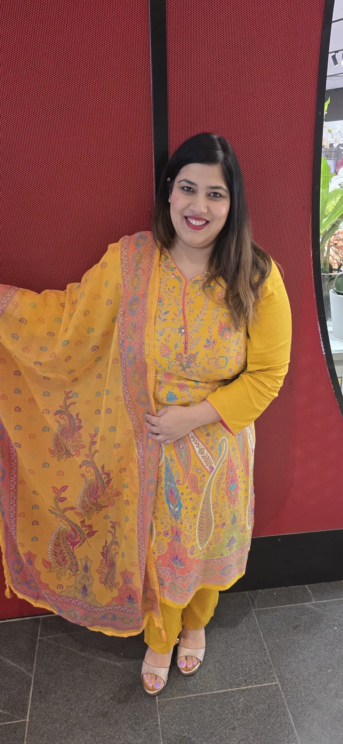 Yellow Printed Pure Chiffon Suit with Organza Dupatta Yellow Printed Pure Chiffon Suit with Organza Dupatta