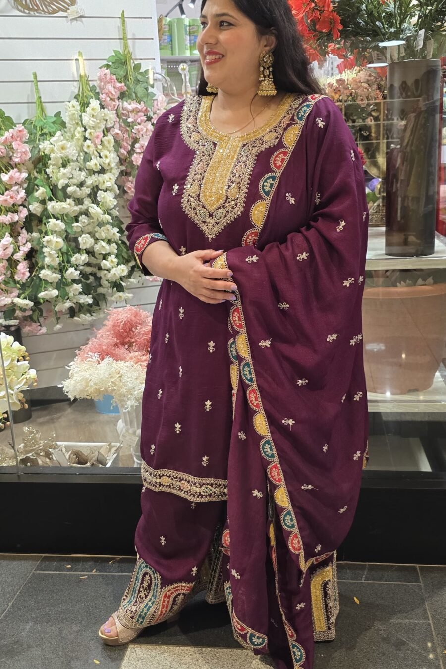 Wine Chinnon Silk Garara Suit