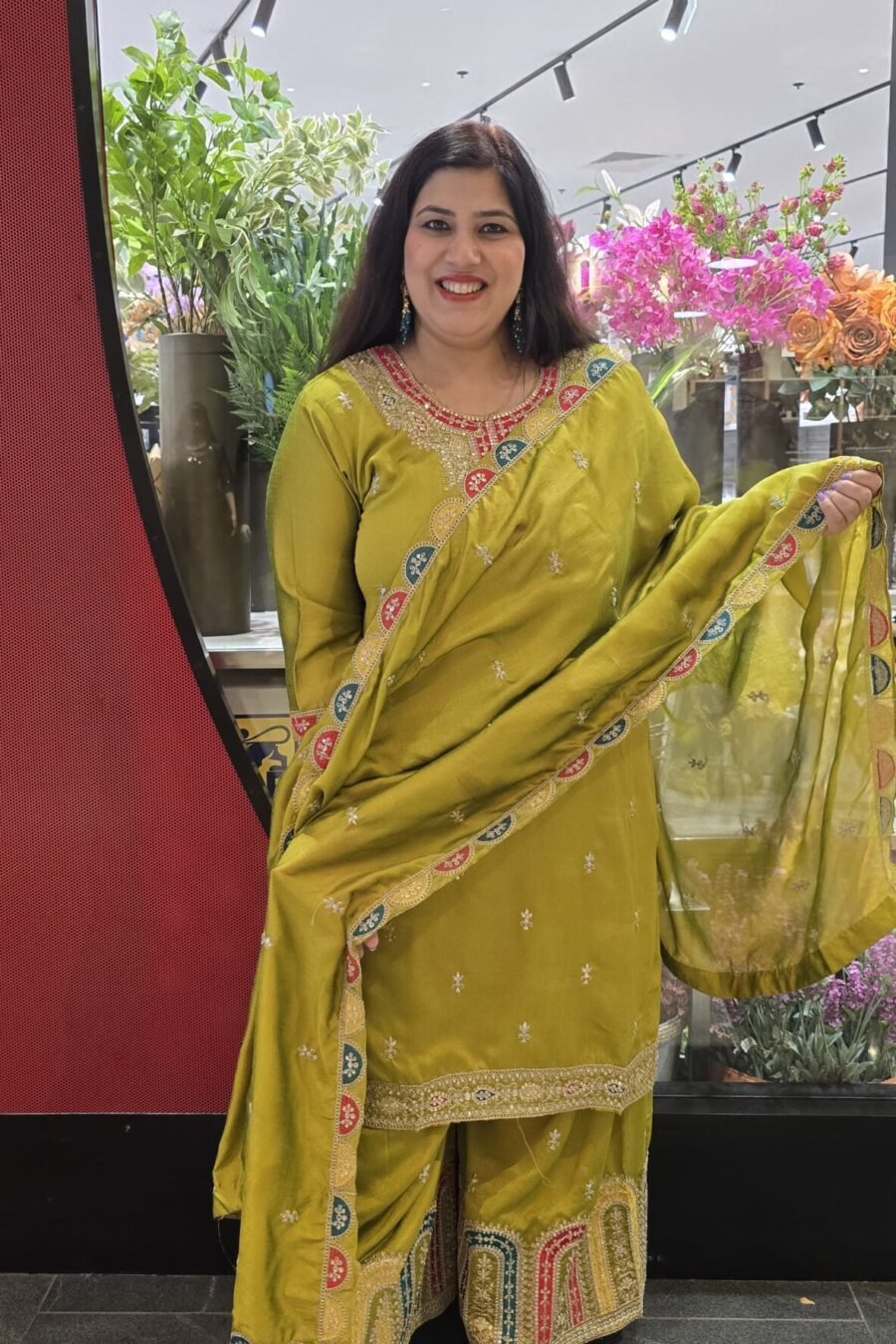 Mehendi Green Chinnon Silk Garara Suit