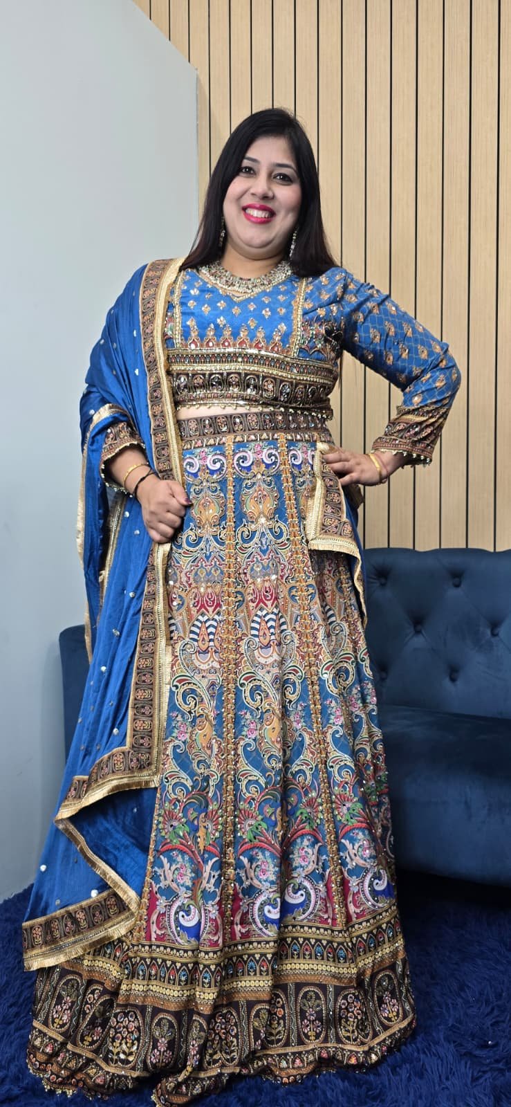 Blue Pure Crepe Silk Mirror Work Lehenga - Image 2