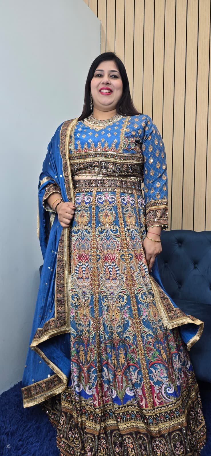 Blue Pure Crepe Silk Mirror Work Lehenga - Image 3