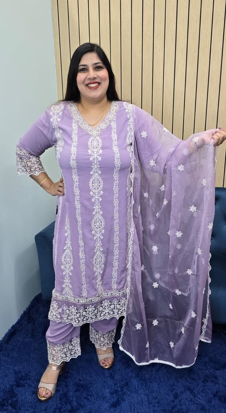 Lilac Embroidery Work Maslin Cotton Suit