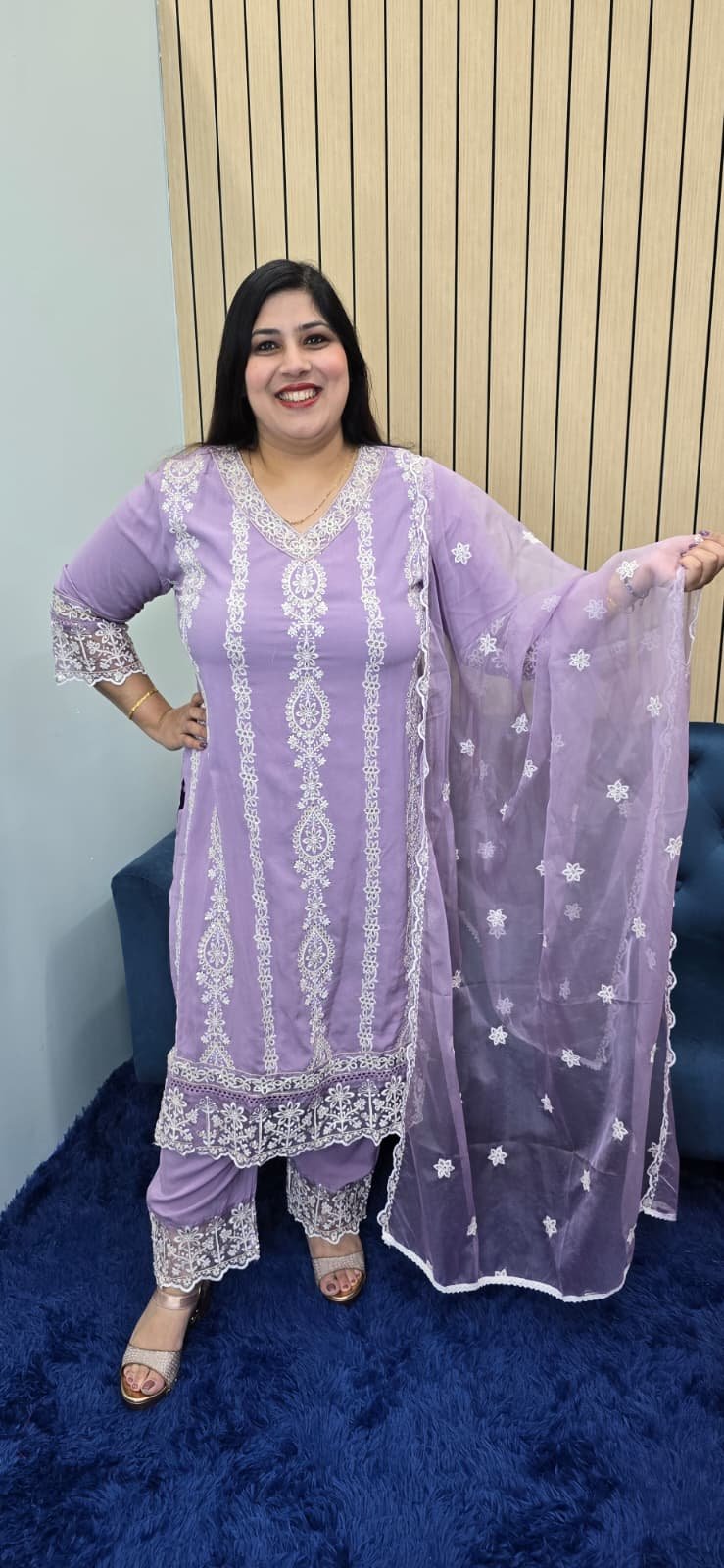 Lilac Embroidery Work Maslin Cotton Suit