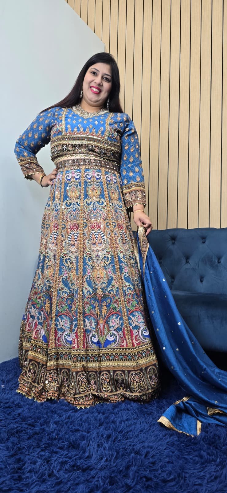 Blue Pure Crepe Silk Mirror Work Lehenga - Image 4