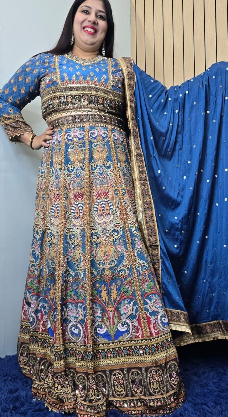 Blue Pure Crepe Silk Mirror Work Lehenga
