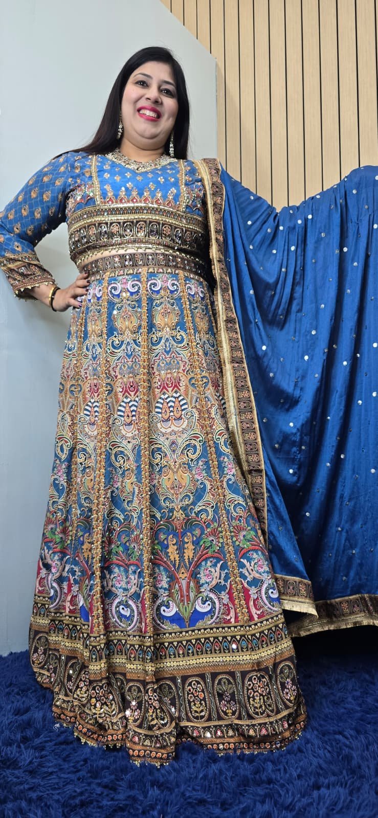 Blue Pure Crepe Silk Mirror Work Lehenga