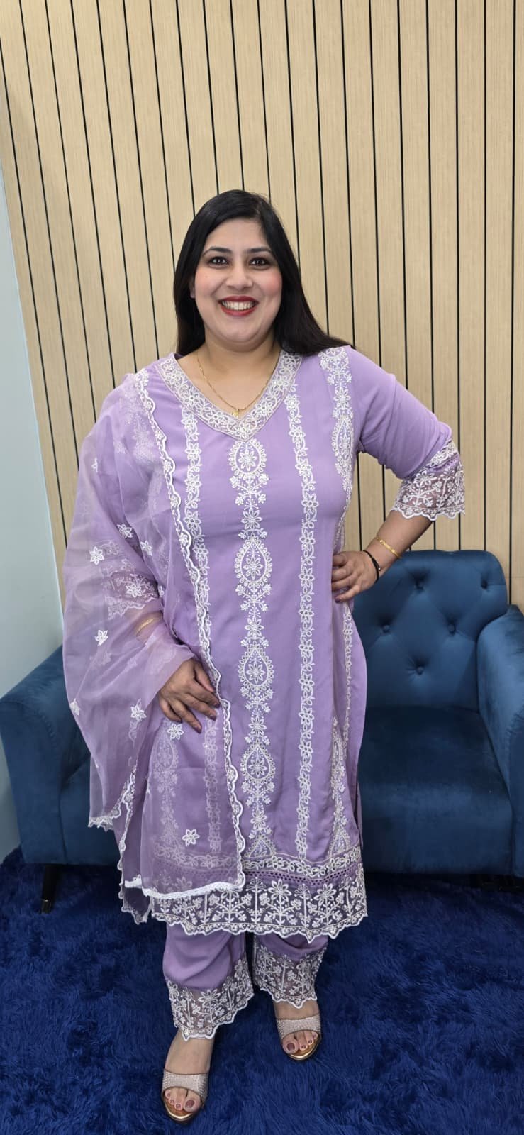 Lilac Embroidery Work Maslin Cotton Suit - Image 3