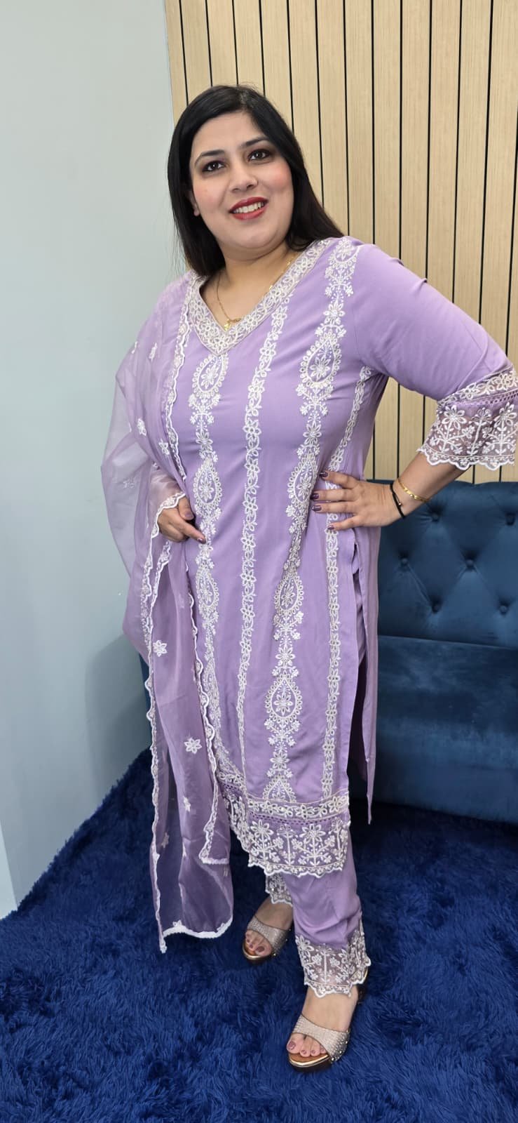 Lilac Embroidery Work Maslin Cotton Suit - Image 4