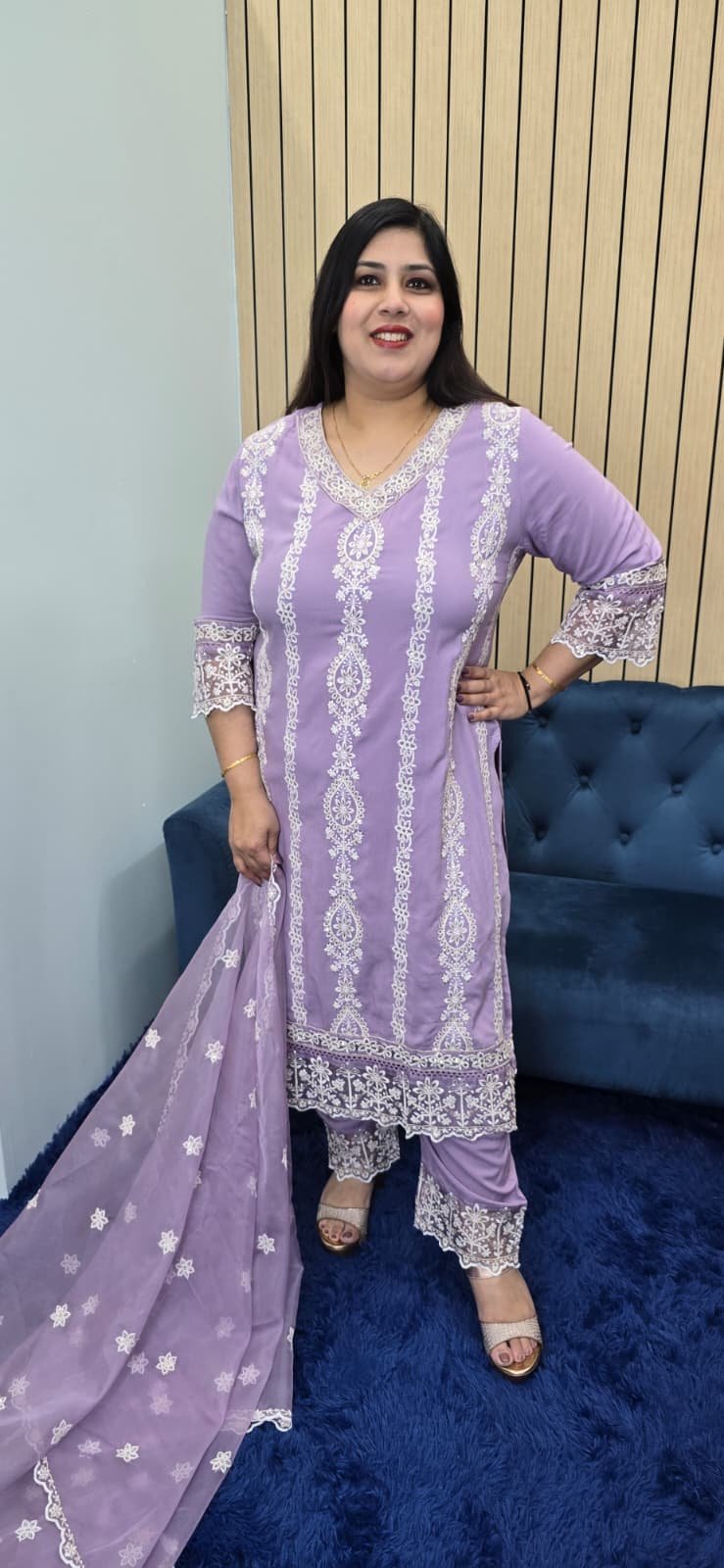 Lilac Embroidery Work Maslin Cotton Suit - Image 5