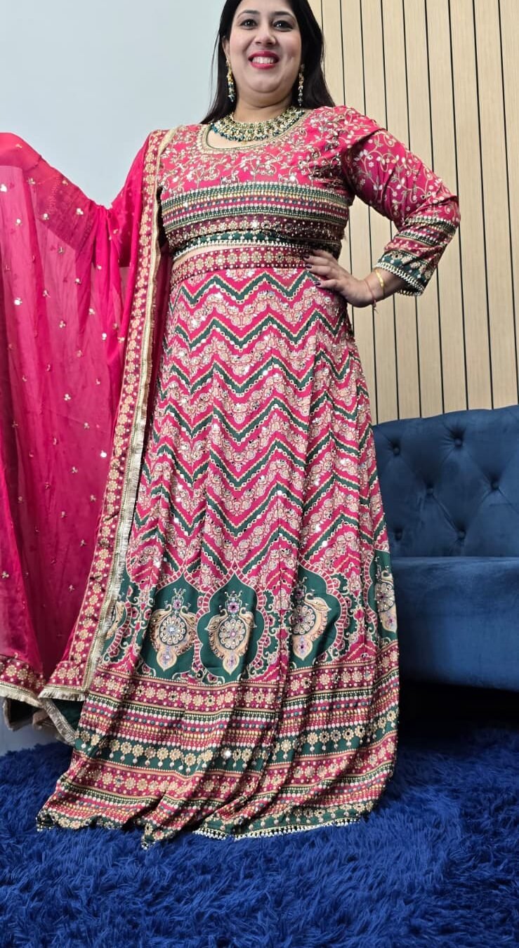 Hot Pink & Green Crepe Silk Lehenga