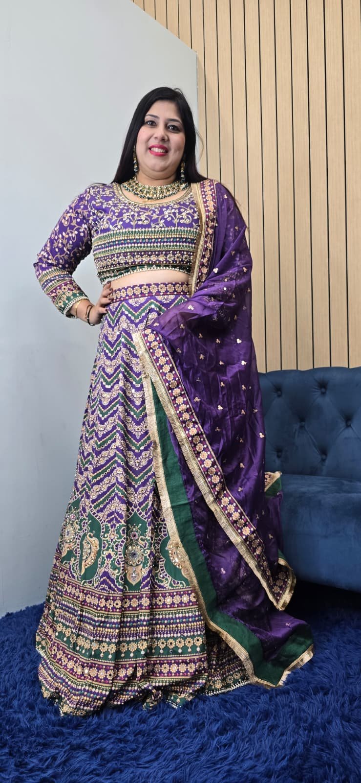 Purple & Green Crepe Silk Lehenga - Image 5