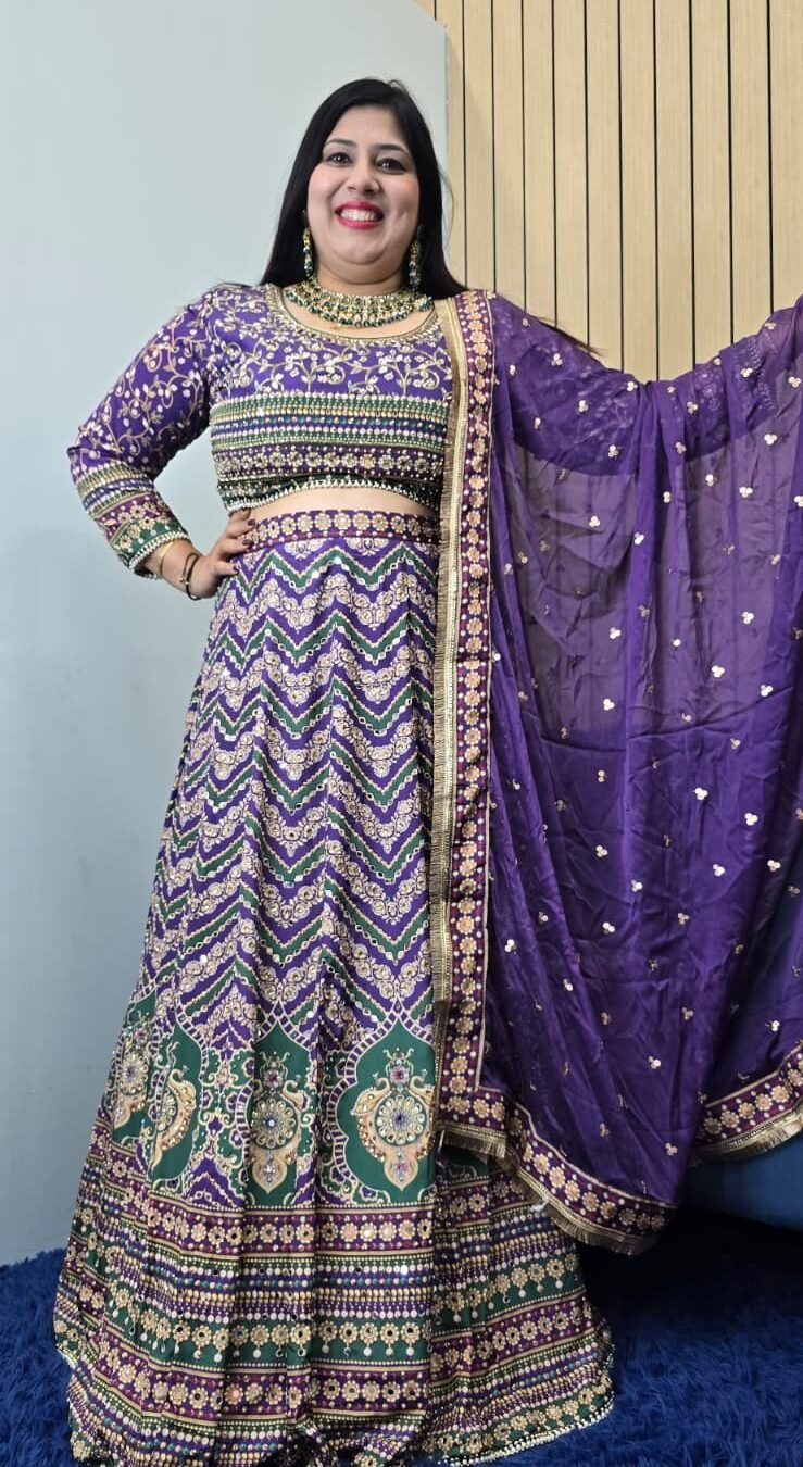 Purple & Green Crepe Silk Lehenga