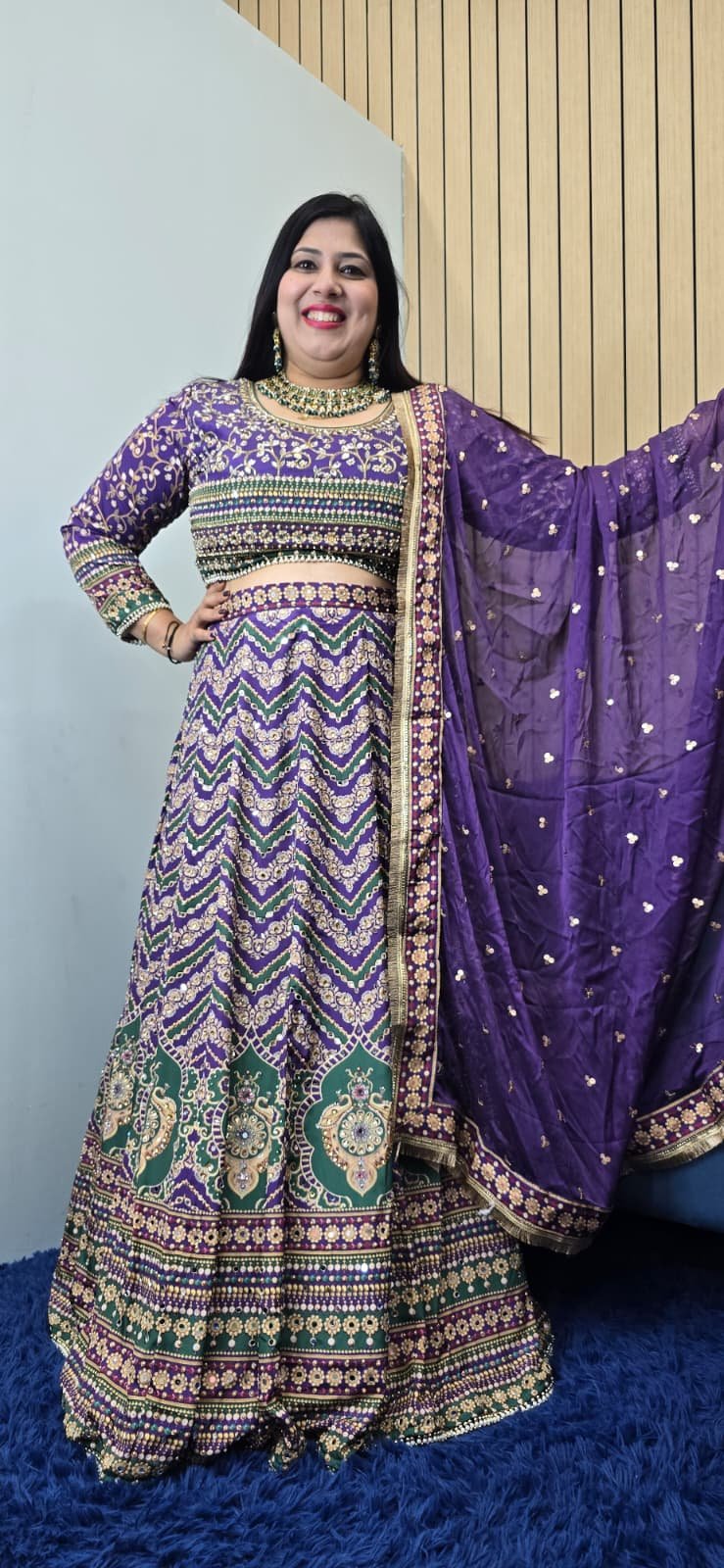 Purple & Green Crepe Silk Lehenga