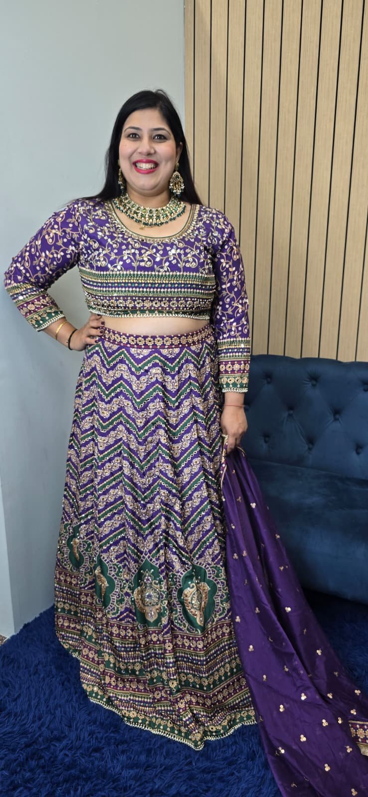 Purple & Green Crepe Silk Lehenga - Image 4