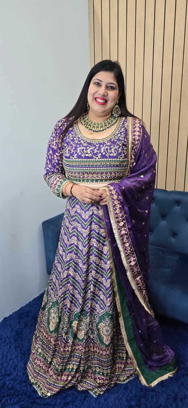 Purple & Green Crepe Silk Lehenga - Image 3