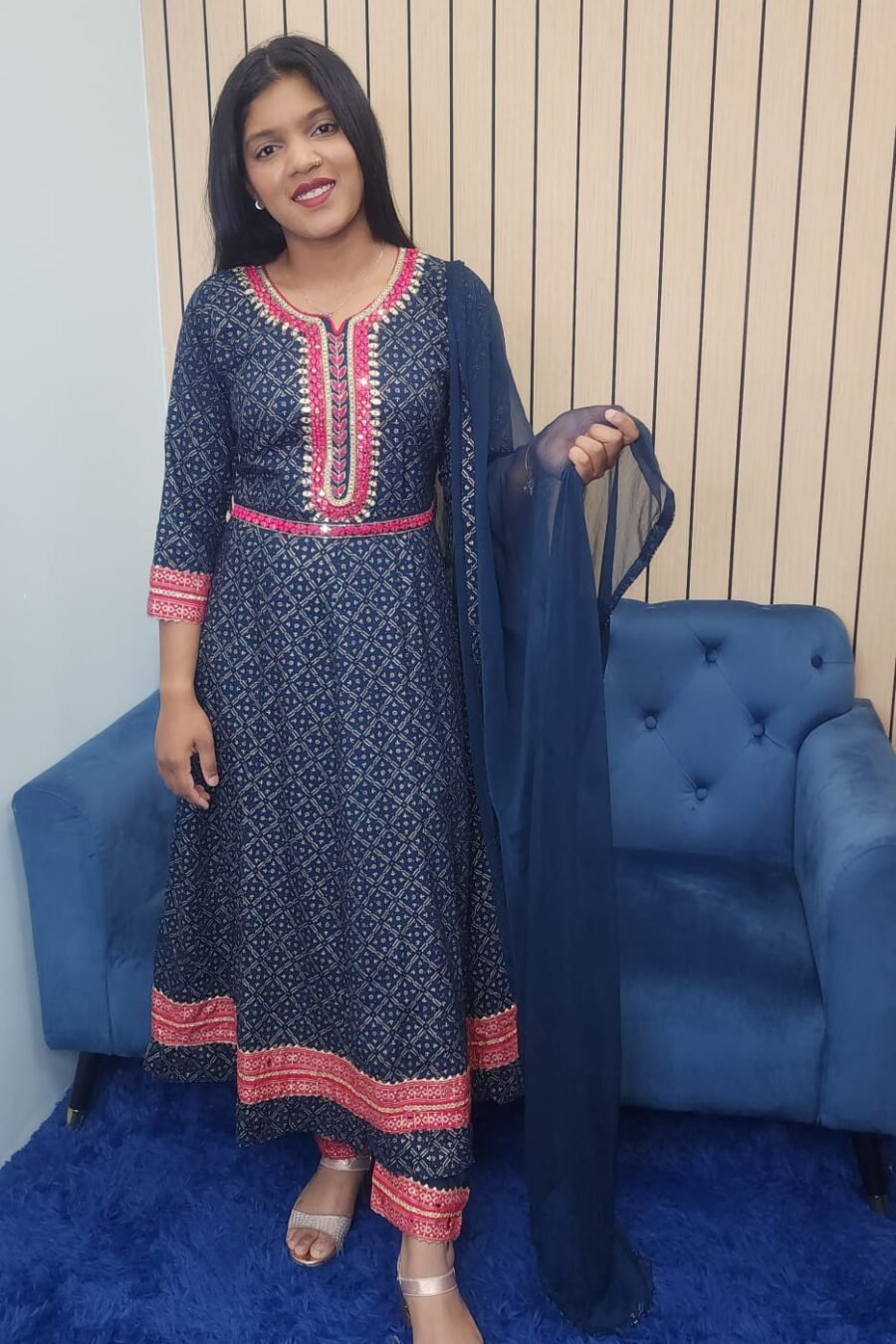 Navy Blue Anarkali Rayon Cotton 3pc Suit