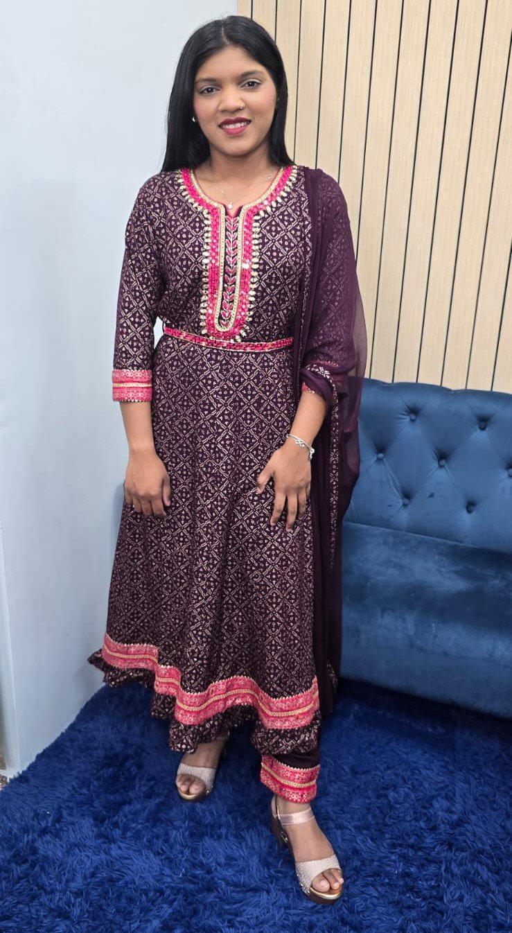 Wine Anarkali Rayon Cotton 3pc Suit