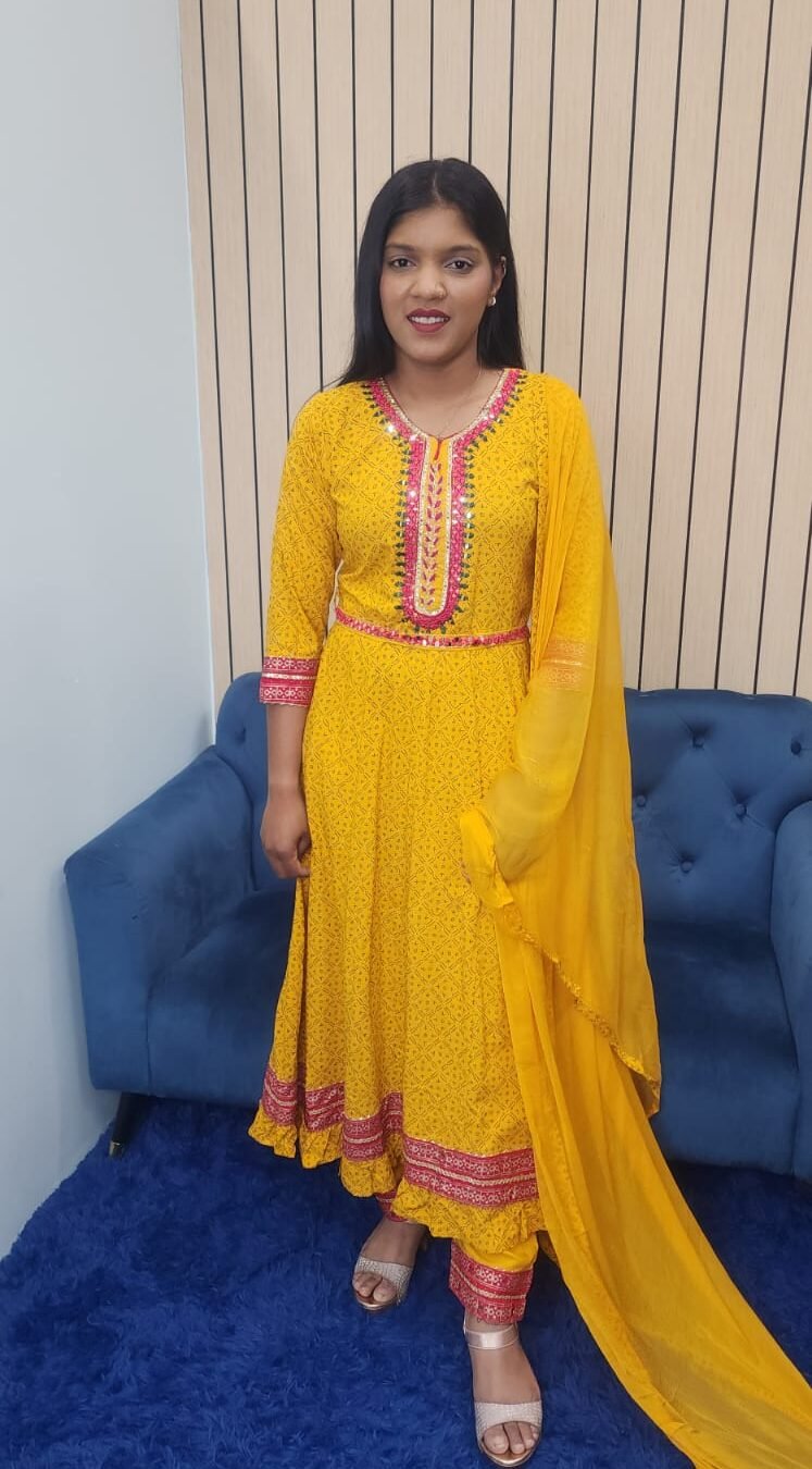 Yellow Anarkali Rayon Cotton 3pc Suit