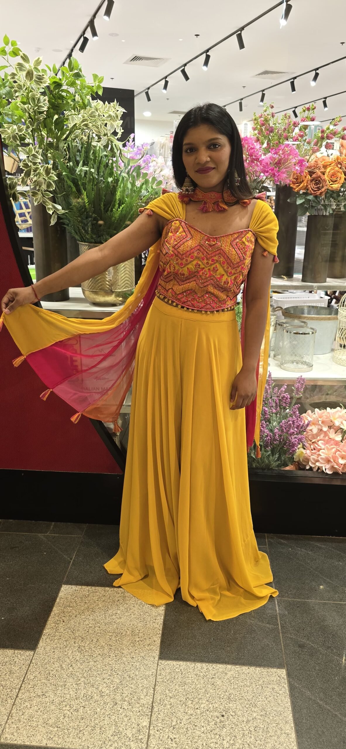 Yellow & Pink Indowestern Sharara Crop Top Set - Image 2